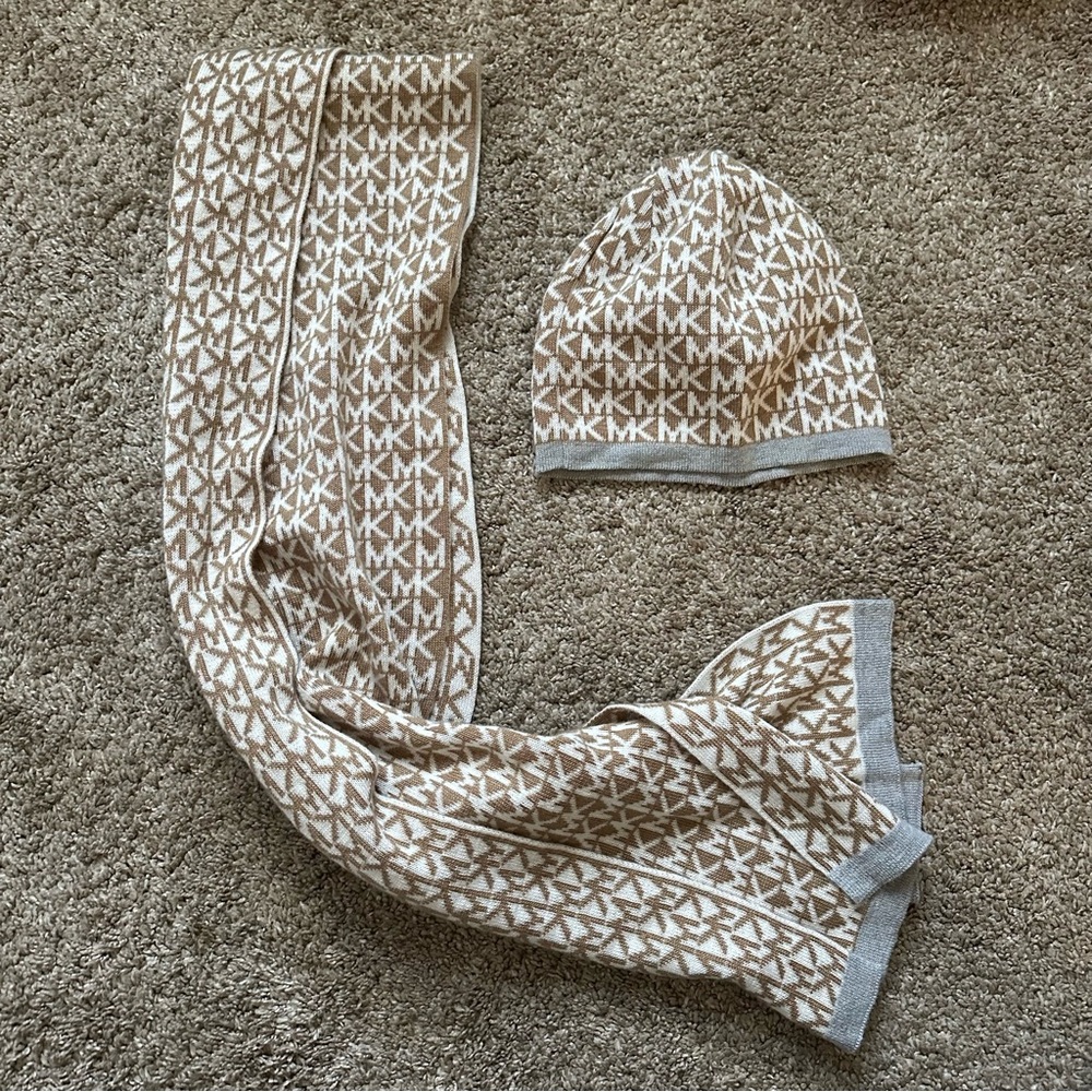 Michael Kors Beige and White MK Logo Scarf and Beanie Set